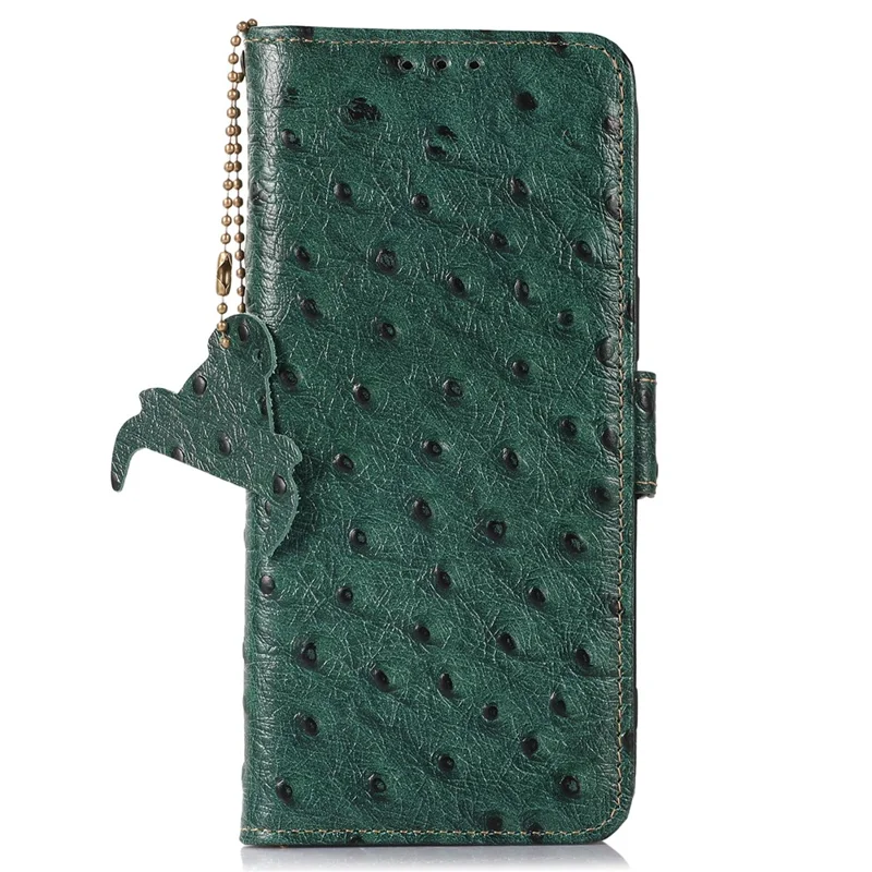 For Samsung Galaxy A16 5G / A16 4G Case Genuine Cow Phone Cover Ostrich Texture RFID Blocking Card Holder - Green