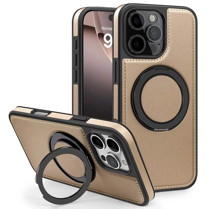For iPhone 16 Pro Max Case with Ring Kickstand Compatible with MagSafe PU Leather Back Cover - Gold