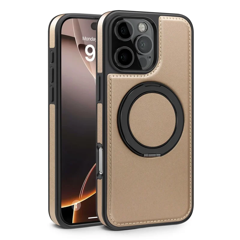 For iPhone 16 Pro Max Case with Ring Kickstand Compatible with MagSafe PU Leather Back Cover - Gold