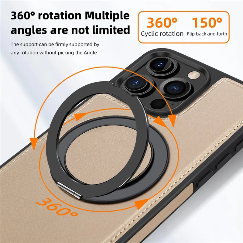 For iPhone 16 Pro Max Case with Ring Kickstand Compatible with MagSafe PU Leather Back Cover - Gold