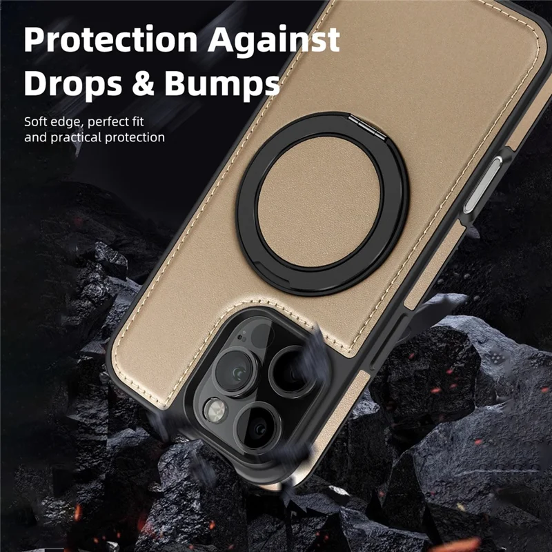 For iPhone 16 Pro Max Case with Ring Kickstand Compatible with MagSafe PU Leather Back Cover - Gold