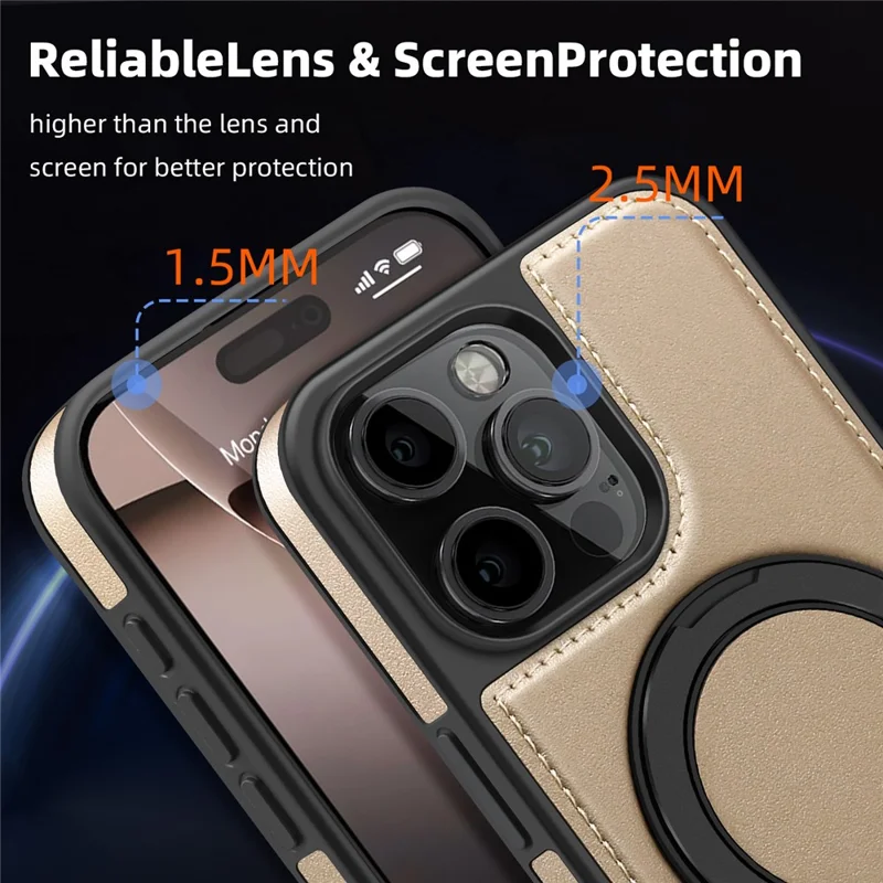 For iPhone 16 Pro Max Case with Ring Kickstand Compatible with MagSafe PU Leather Back Cover - Gold