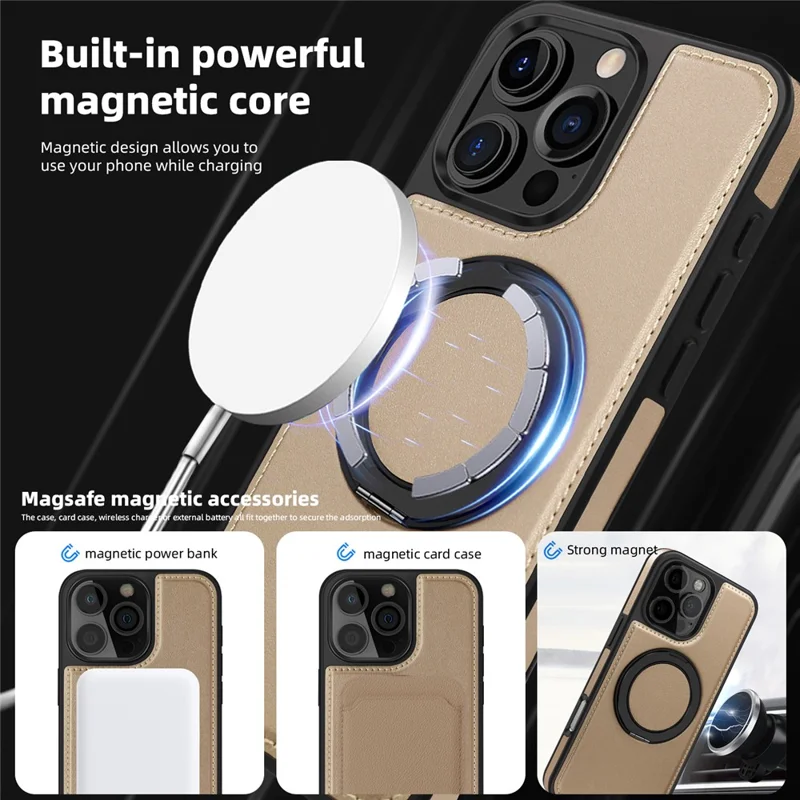For iPhone 16 Pro Max Case with Ring Kickstand Compatible with MagSafe PU Leather Back Cover - Gold
