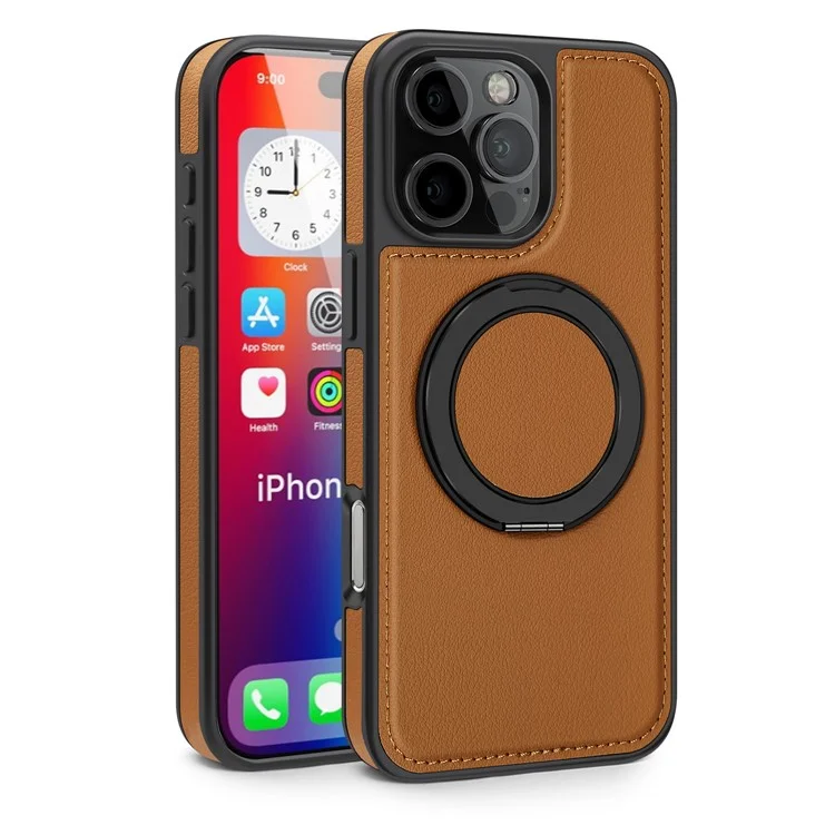 Pour iPhone 16 Pro Coque Magnétique Rotatif Support Pied Cuir PU+PC+TPU Étui de Protection - Marron