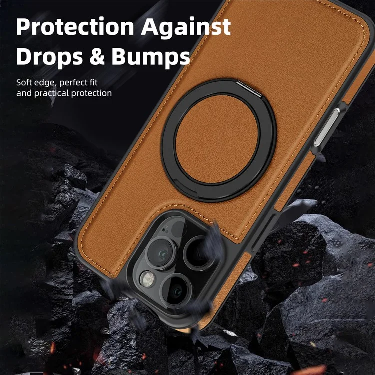 Pour iPhone 16 Pro Coque Magnétique Rotatif Support Pied Cuir PU+PC+TPU Étui de Protection - Marron