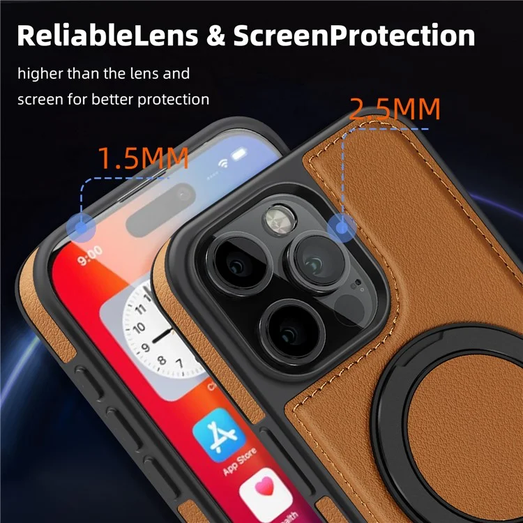 Pour iPhone 16 Pro Coque Magnétique Rotatif Support Pied Cuir PU+PC+TPU Étui de Protection - Marron
