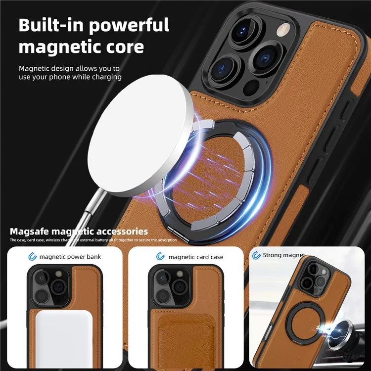 Pour iPhone 16 Pro Coque Magnétique Rotatif Support Pied Cuir PU+PC+TPU Étui de Protection - Marron