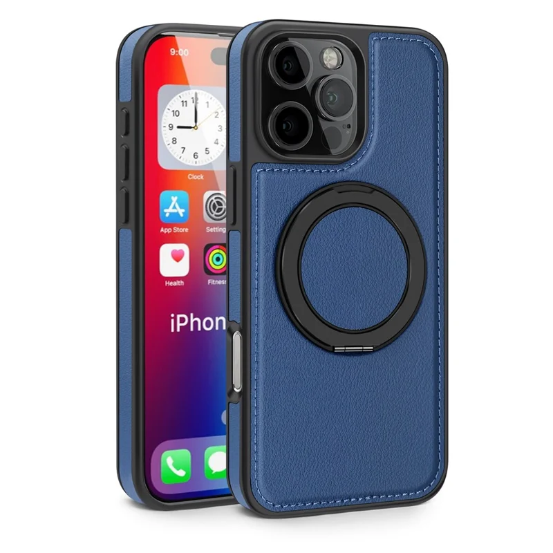 For iPhone 16 Pro Case with Ring Kickstand Compatible with MagSafe PU Leather Back Cover - Blue
