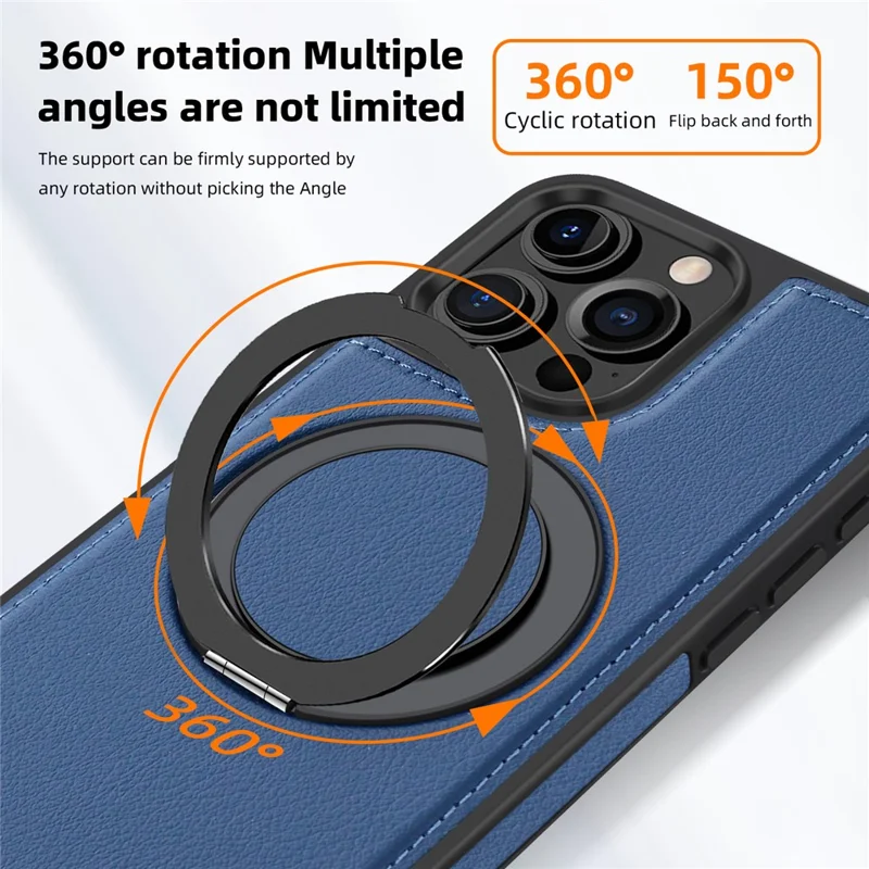 For iPhone 16 Pro Case with Ring Kickstand Compatible with MagSafe PU Leather Back Cover - Blue