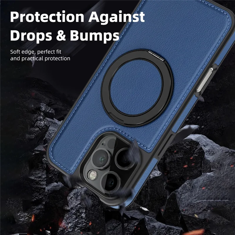 For iPhone 16 Pro Case with Ring Kickstand Compatible with MagSafe PU Leather Back Cover - Blue