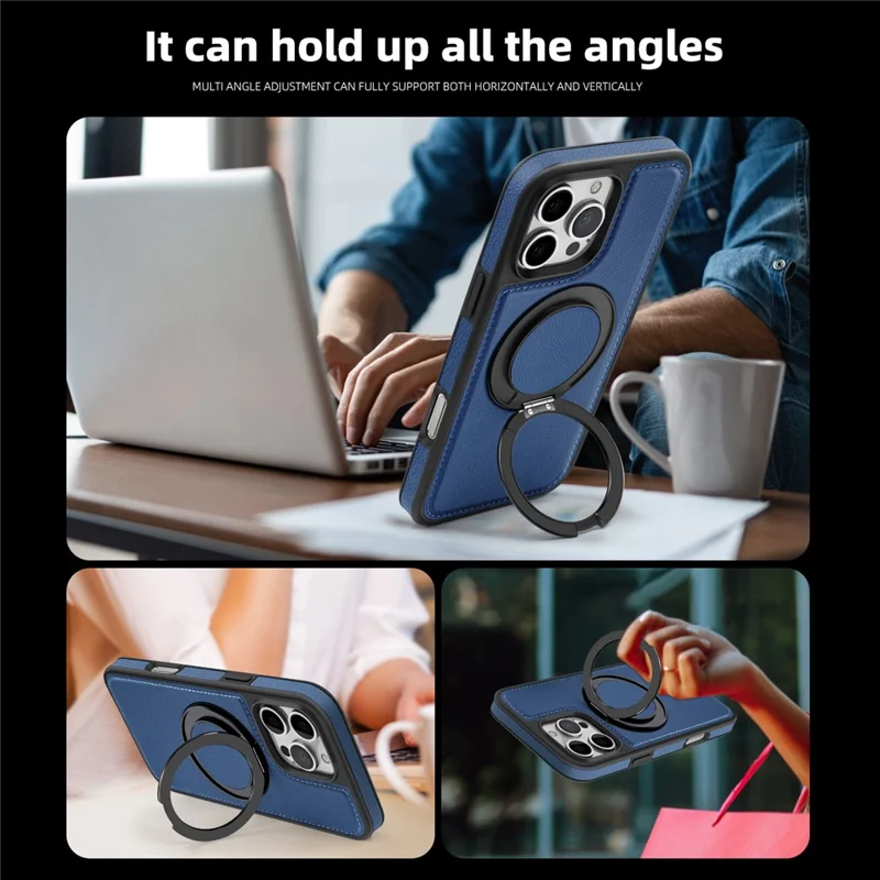 For iPhone 16 Pro Case with Ring Kickstand Compatible with MagSafe PU Leather Back Cover - Blue