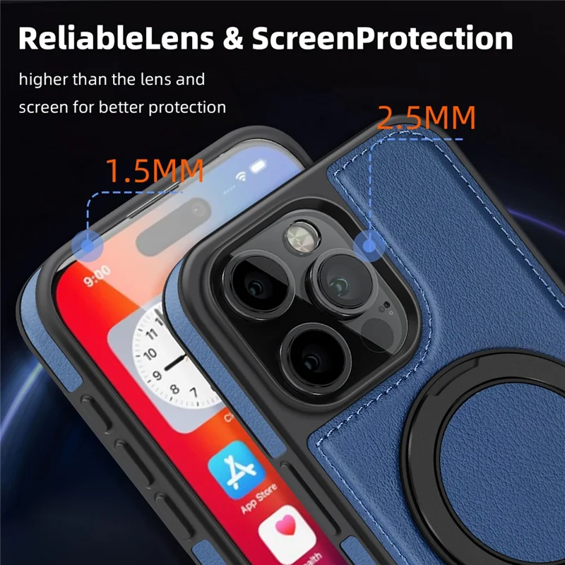 For iPhone 16 Pro Case with Ring Kickstand Compatible with MagSafe PU Leather Back Cover - Blue