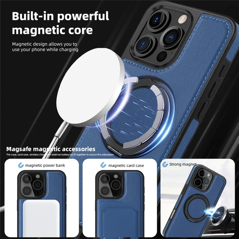 For iPhone 16 Pro Case with Ring Kickstand Compatible with MagSafe PU Leather Back Cover - Blue