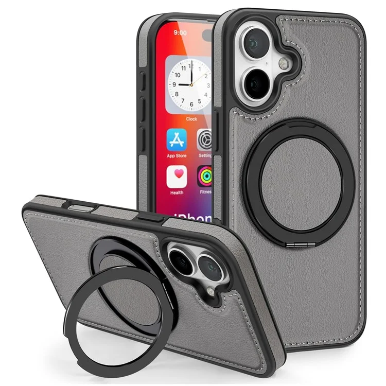 For iPhone 16 Plus Case with Ring Kickstand Compatible with MagSafe PU Leather Back Cover - Grey