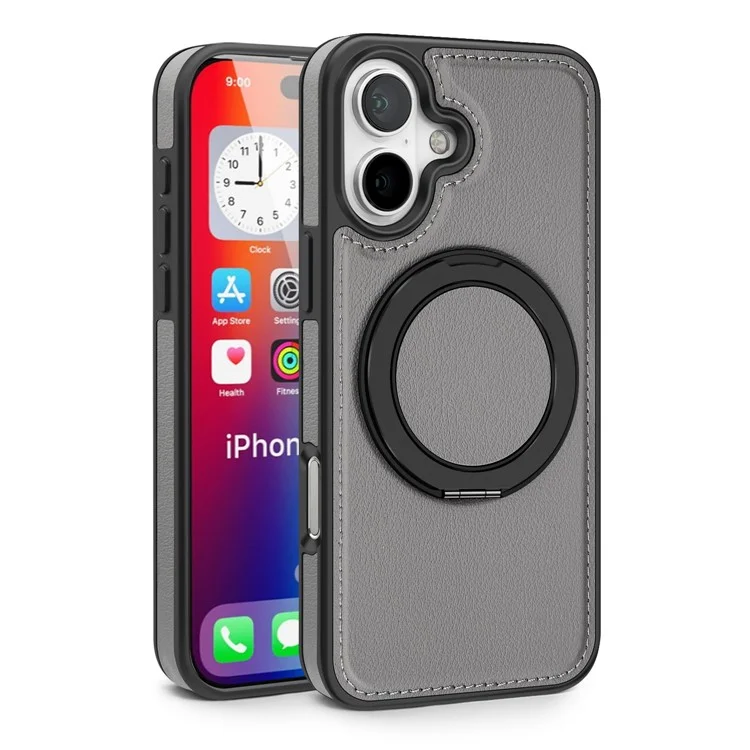 For iPhone 16 Plus Case with Ring Kickstand Compatible with MagSafe PU Leather Back Cover - Grey