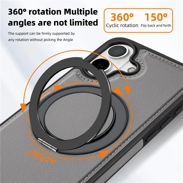 For iPhone 16 Plus Case with Ring Kickstand Compatible with MagSafe PU Leather Back Cover - Grey