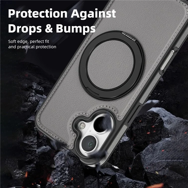 For iPhone 16 Plus Case with Ring Kickstand Compatible with MagSafe PU Leather Back Cover - Grey