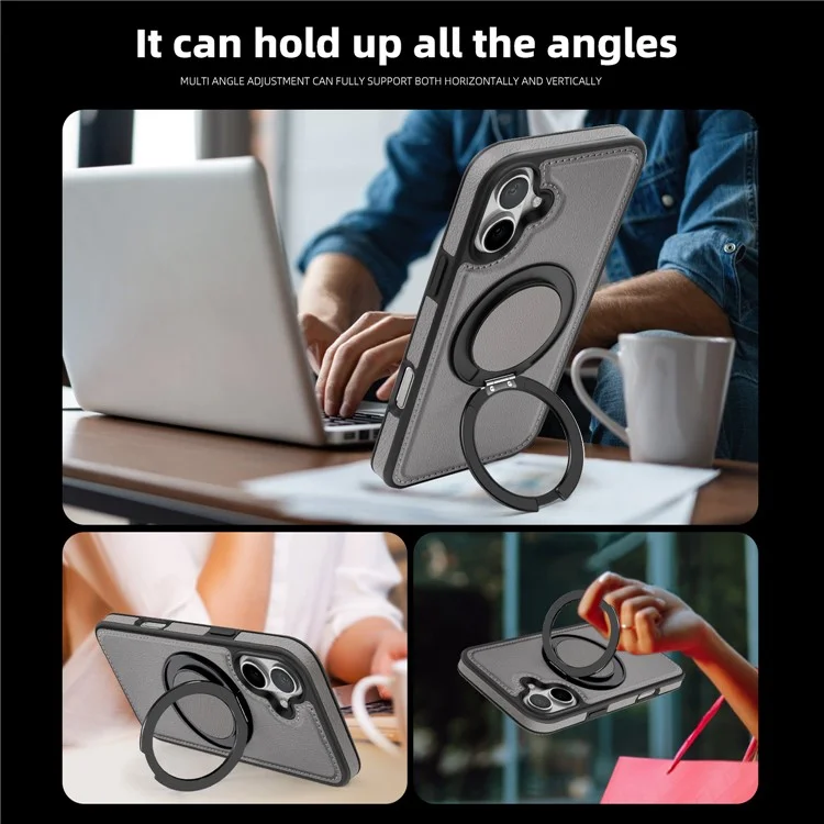 For iPhone 16 Plus Case with Ring Kickstand Compatible with MagSafe PU Leather Back Cover - Grey