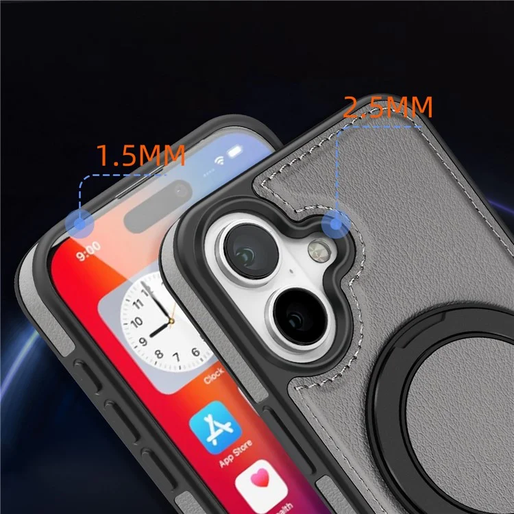 For iPhone 16 Plus Case with Ring Kickstand Compatible with MagSafe PU Leather Back Cover - Grey