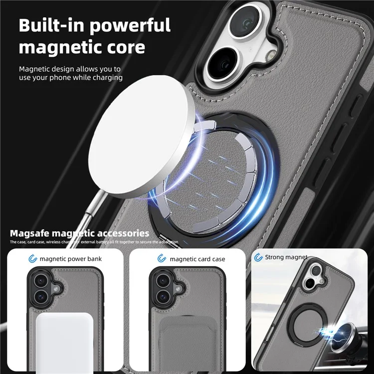 For iPhone 16 Plus Case with Ring Kickstand Compatible with MagSafe PU Leather Back Cover - Grey
