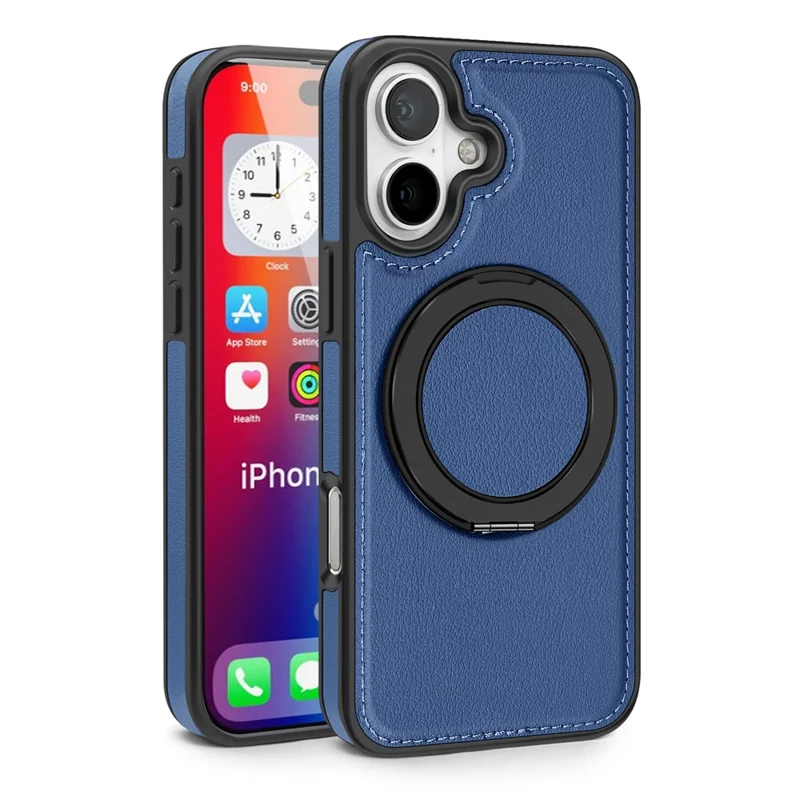 For iPhone 16 Plus Case with Ring Kickstand Compatible with MagSafe PU Leather Back Cover - Blue