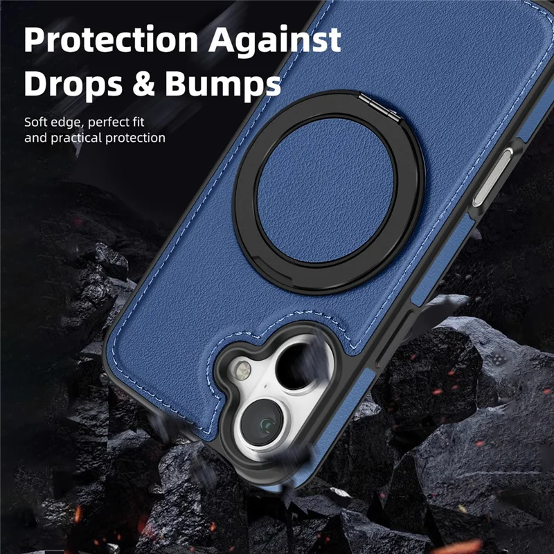 For iPhone 16 Plus Case with Ring Kickstand Compatible with MagSafe PU Leather Back Cover - Blue