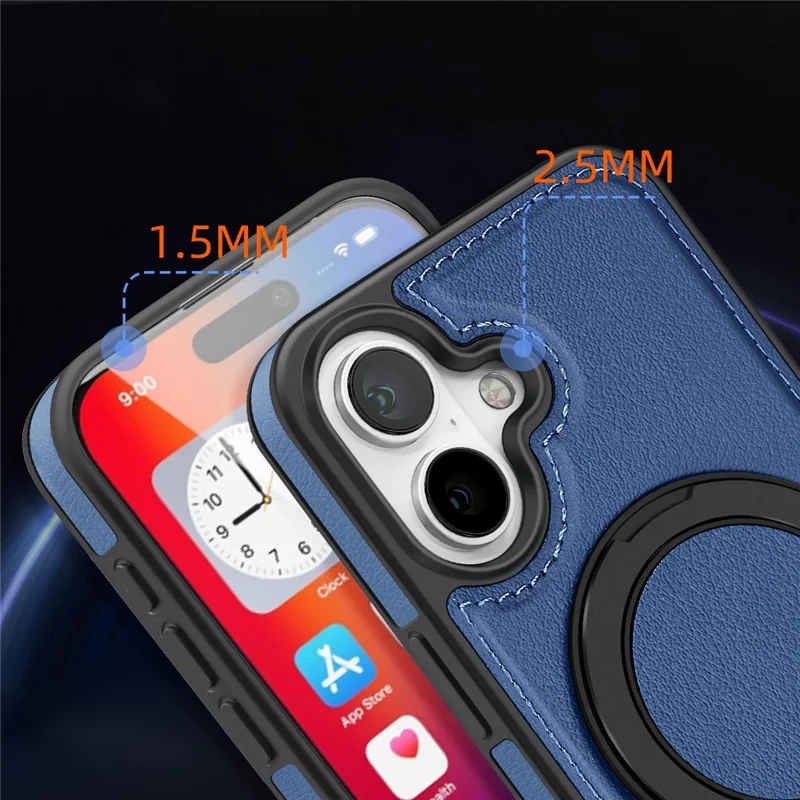 For iPhone 16 Plus Case with Ring Kickstand Compatible with MagSafe PU Leather Back Cover - Blue