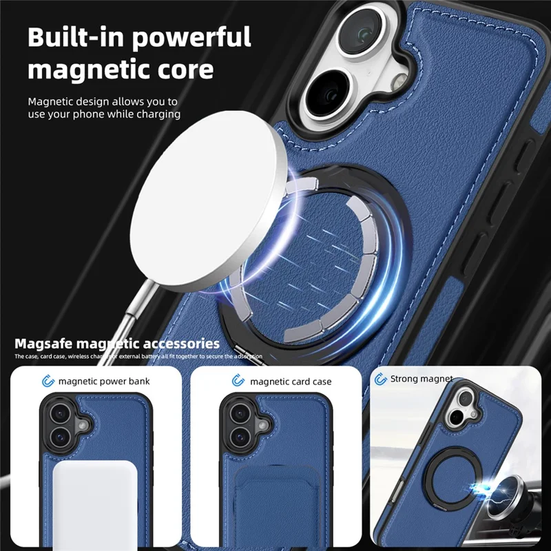 For iPhone 16 Plus Case with Ring Kickstand Compatible with MagSafe PU Leather Back Cover - Blue