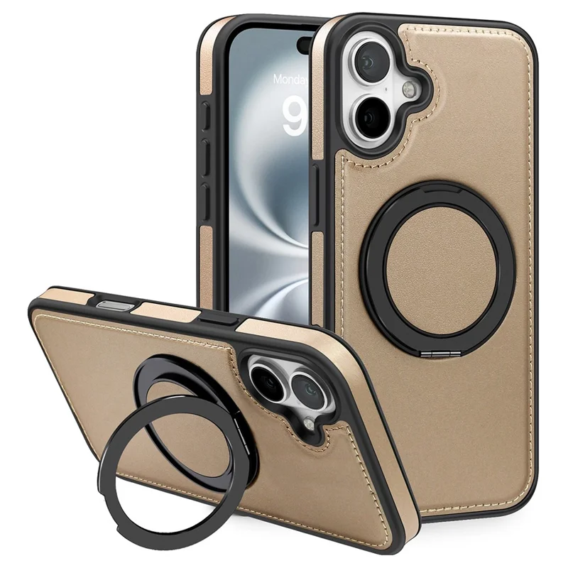 For iPhone 16 Plus Case with Ring Kickstand Compatible with MagSafe PU Leather Back Cover - Gold