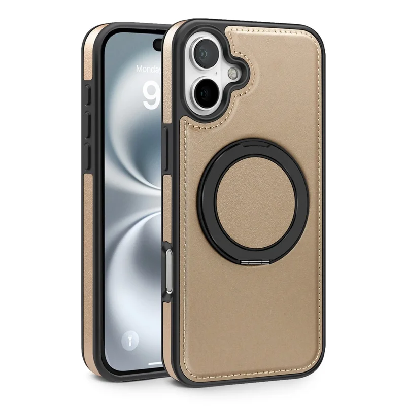 For iPhone 16 Plus Case with Ring Kickstand Compatible with MagSafe PU Leather Back Cover - Gold