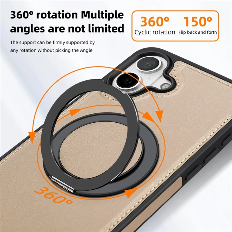 For iPhone 16 Plus Case with Ring Kickstand Compatible with MagSafe PU Leather Back Cover - Gold