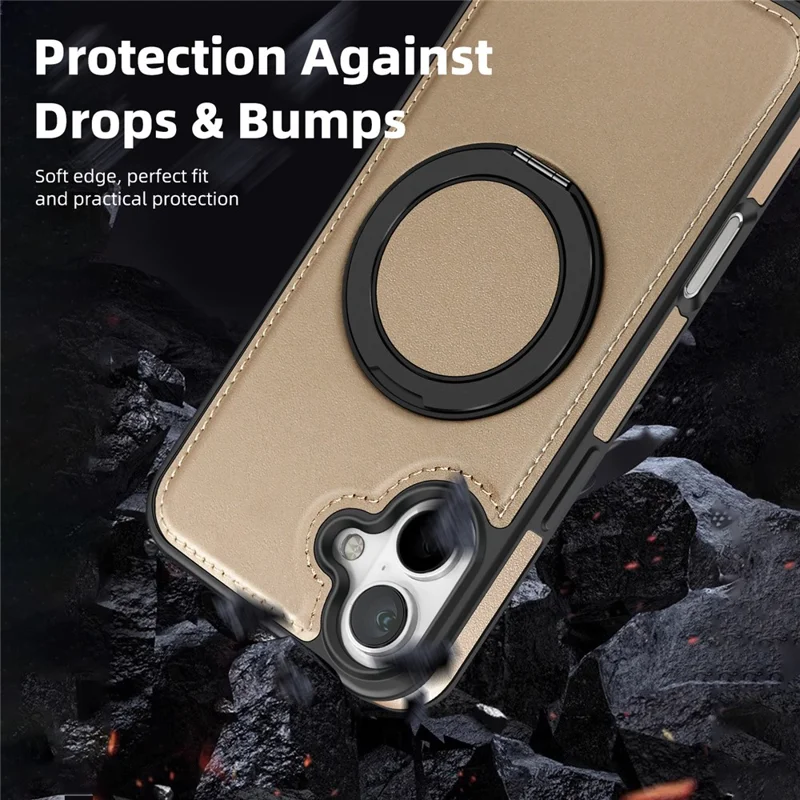 For iPhone 16 Plus Case with Ring Kickstand Compatible with MagSafe PU Leather Back Cover - Gold