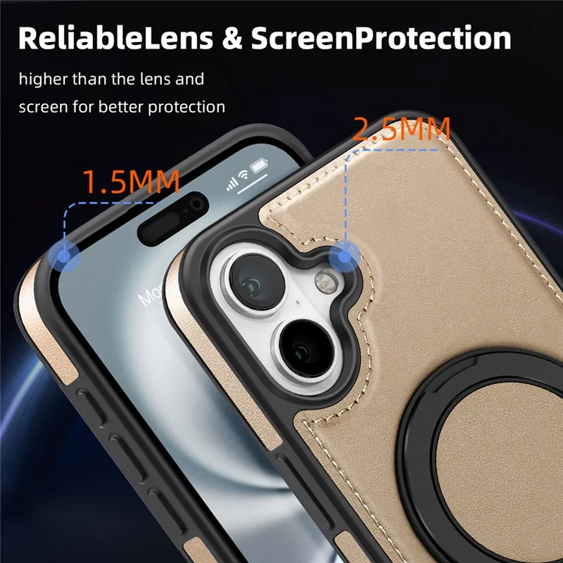 For iPhone 16 Plus Case with Ring Kickstand Compatible with MagSafe PU Leather Back Cover - Gold