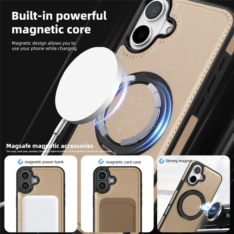 For iPhone 16 Plus Case with Ring Kickstand Compatible with MagSafe PU Leather Back Cover - Gold