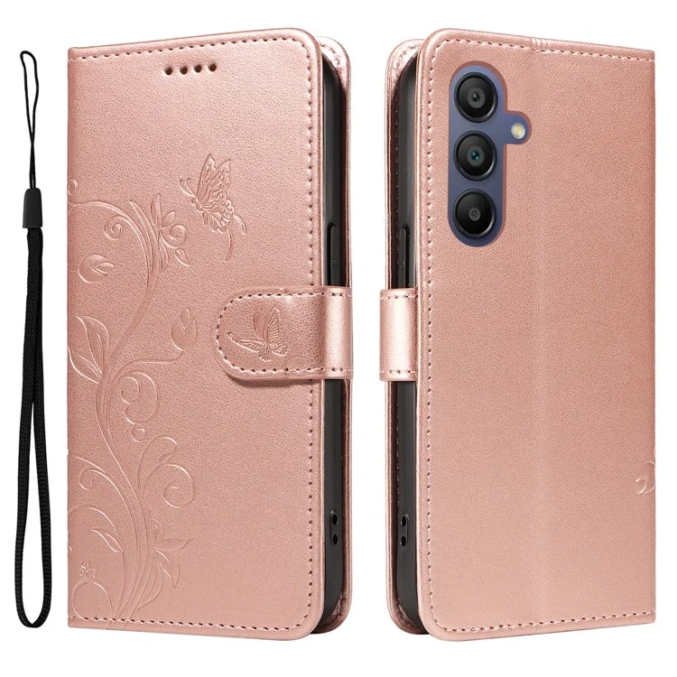 For Samsung Galaxy A26 5G / A16 5G / A16 4G PU Leather Cases Flower Pattern Wallet Stand Phone Cover with Strap - Rose Gold