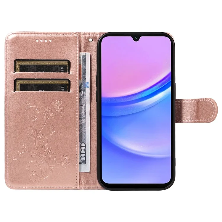 For Samsung Galaxy A26 5G / A16 5G / A16 4G PU Leather Cases Flower Pattern Wallet Stand Phone Cover with Strap - Rose Gold