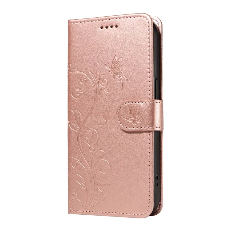 For Samsung Galaxy A26 5G / A16 5G / A16 4G PU Leather Cases Flower Pattern Wallet Stand Phone Cover with Strap - Rose Gold