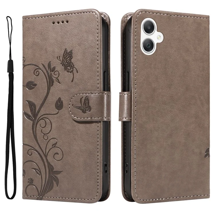 For Samsung Galaxy A06 4G PU Leather Cases Flower Pattern Wallet Stand Phone Cover with Strap - Grey