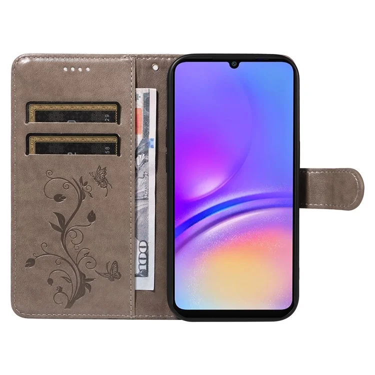 For Samsung Galaxy A06 4G PU Leather Cases Flower Pattern Wallet Stand Phone Cover with Strap - Grey