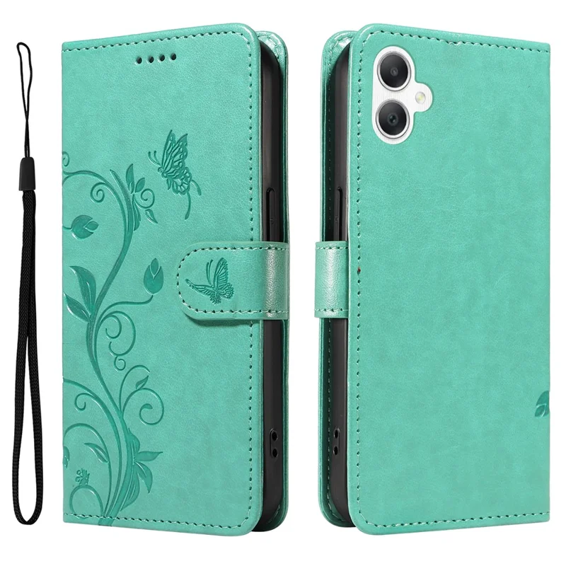 For Samsung Galaxy A07 4G / A06 5G / A06 4G PU Leather Cases Flower Pattern Wallet Stand Phone Cover with Strap - Green