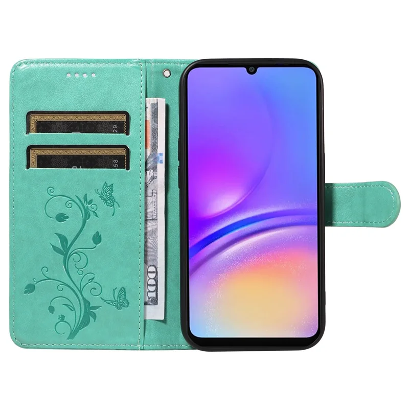 For Samsung Galaxy A07 4G / A06 5G / A06 4G PU Leather Cases Flower Pattern Wallet Stand Phone Cover with Strap - Green