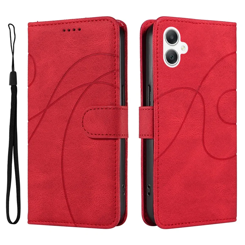 For Samsung Galaxy A07 4G / A06 5G / A06 4G Case Stand Wallet Leather Phone Cover Curved Line Wrist Strap - Red