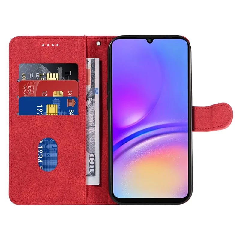 For Samsung Galaxy A07 4G / A06 5G / A06 4G Case Stand Wallet Leather Phone Cover Curved Line Wrist Strap - Red