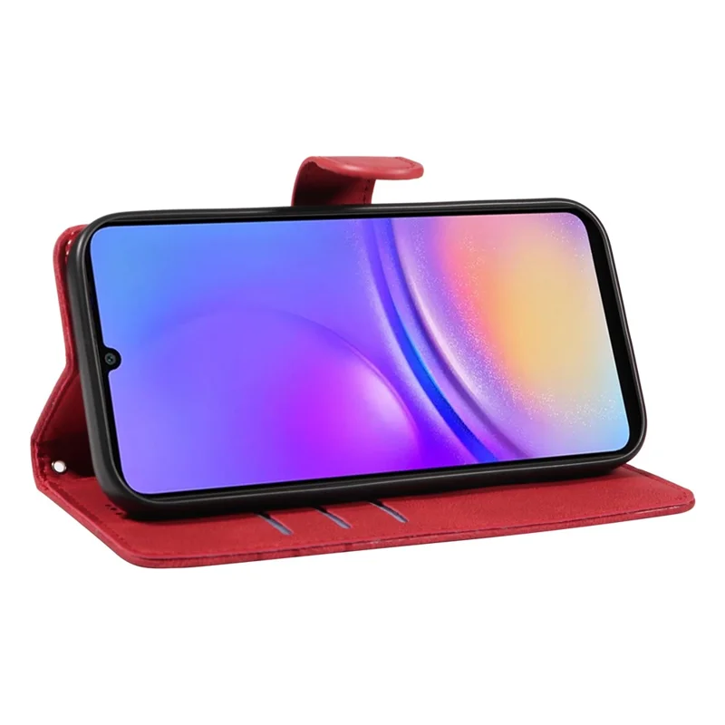 For Samsung Galaxy A07 4G / A06 5G / A06 4G Case Stand Wallet Leather Phone Cover Curved Line Wrist Strap - Red