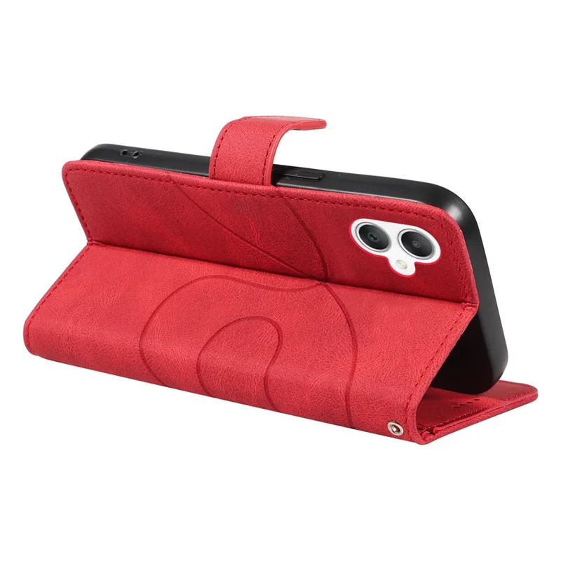 For Samsung Galaxy A07 4G / A06 5G / A06 4G Case Stand Wallet Leather Phone Cover Curved Line Wrist Strap - Red