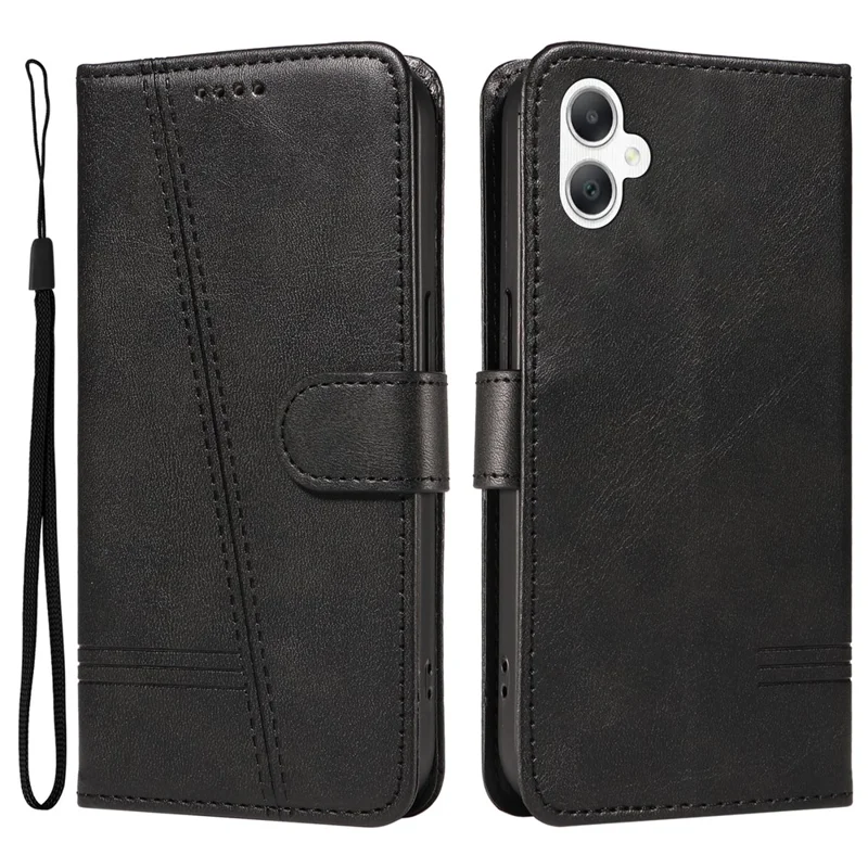 For Samsung Galaxy A07 4G / A06 5G / A06 4G Case Flip Wallet T-Shape Lines Leather Phone Cover - Black