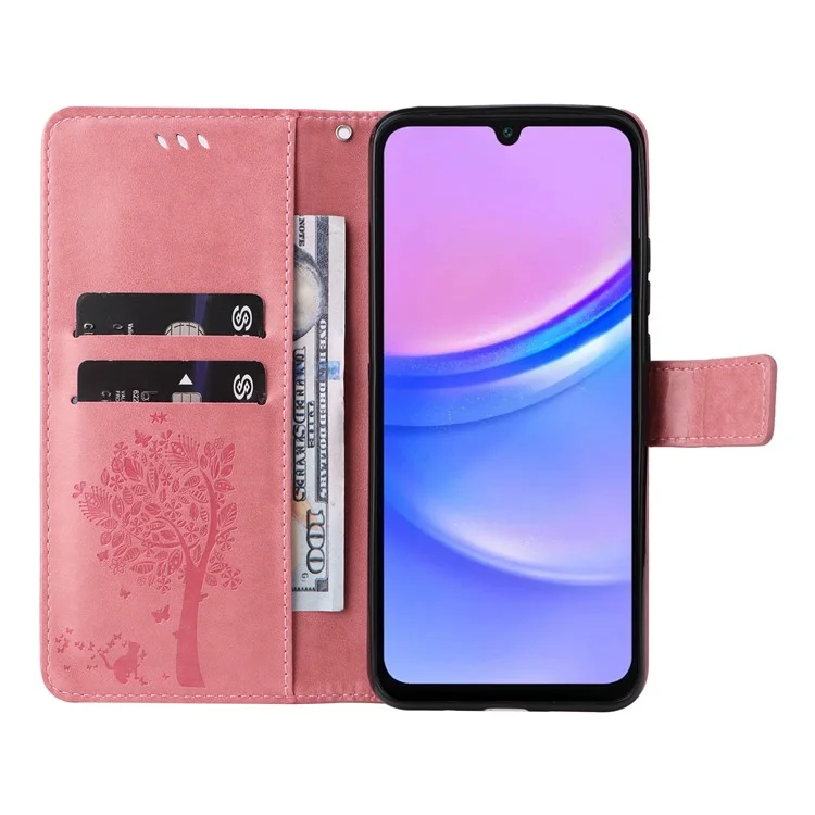 KT Imprinting Flower Series-3 For Samsung Galaxy A16 5G / A16 4G Case Cat Tree Pattern Flip Leather Phone Cover - Pink