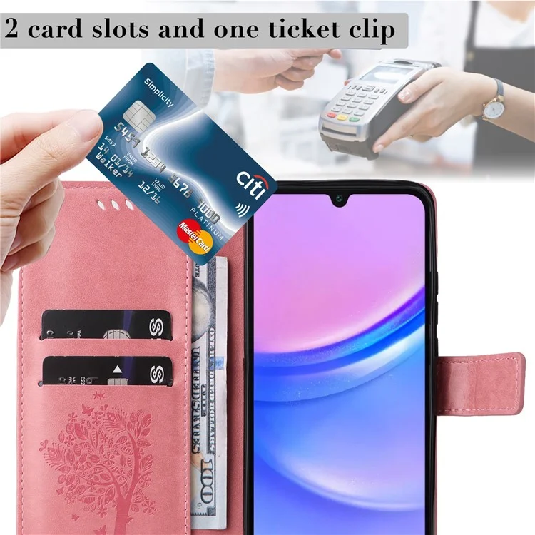 KT Imprinting Flower Series-3 For Samsung Galaxy A16 5G / A16 4G Case Cat Tree Pattern Flip Leather Phone Cover - Pink