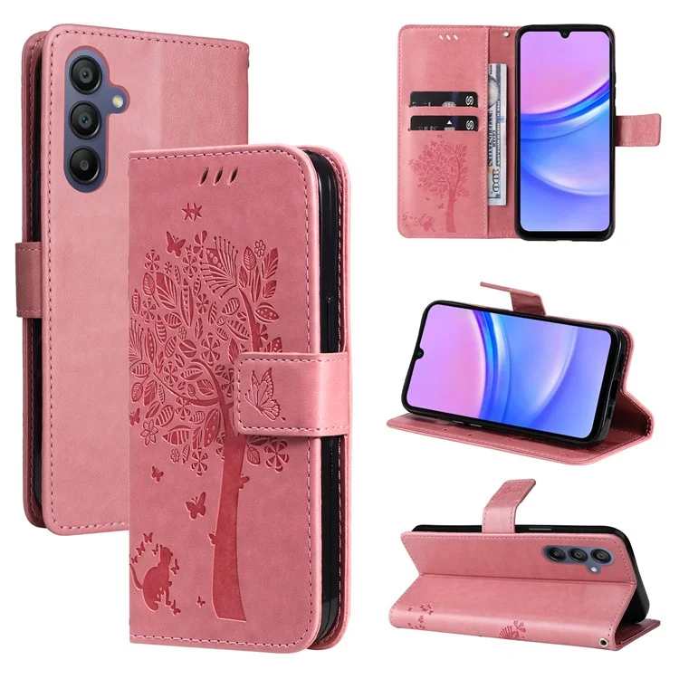 KT Imprinting Flower Series-3 For Samsung Galaxy A16 5G / A16 4G Case Cat Tree Pattern Flip Leather Phone Cover - Pink