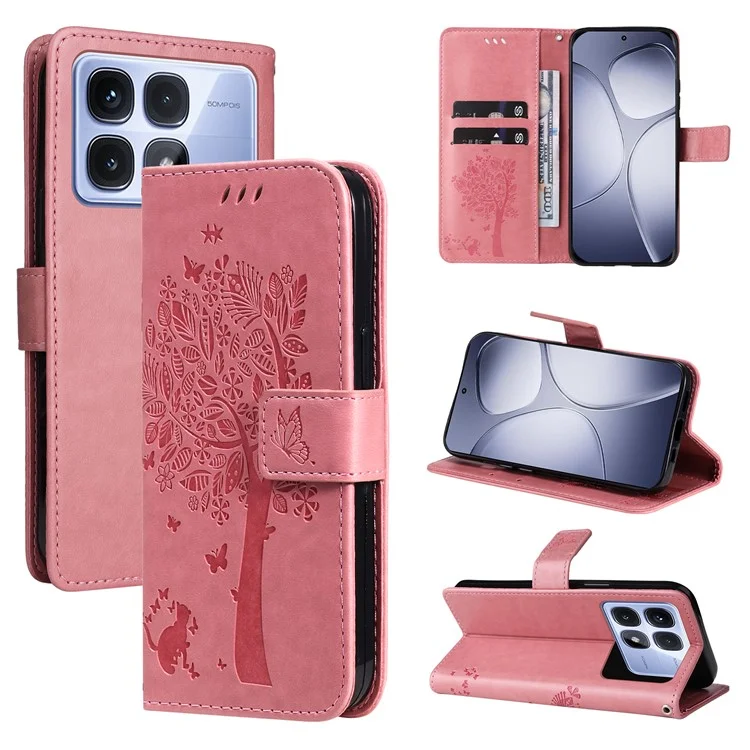 KT Impression Flower Series-3 Pour Xiaomi Redmi K70 Ultra Case Cat Tree Pattern Flip Leather Téléphone - Rose